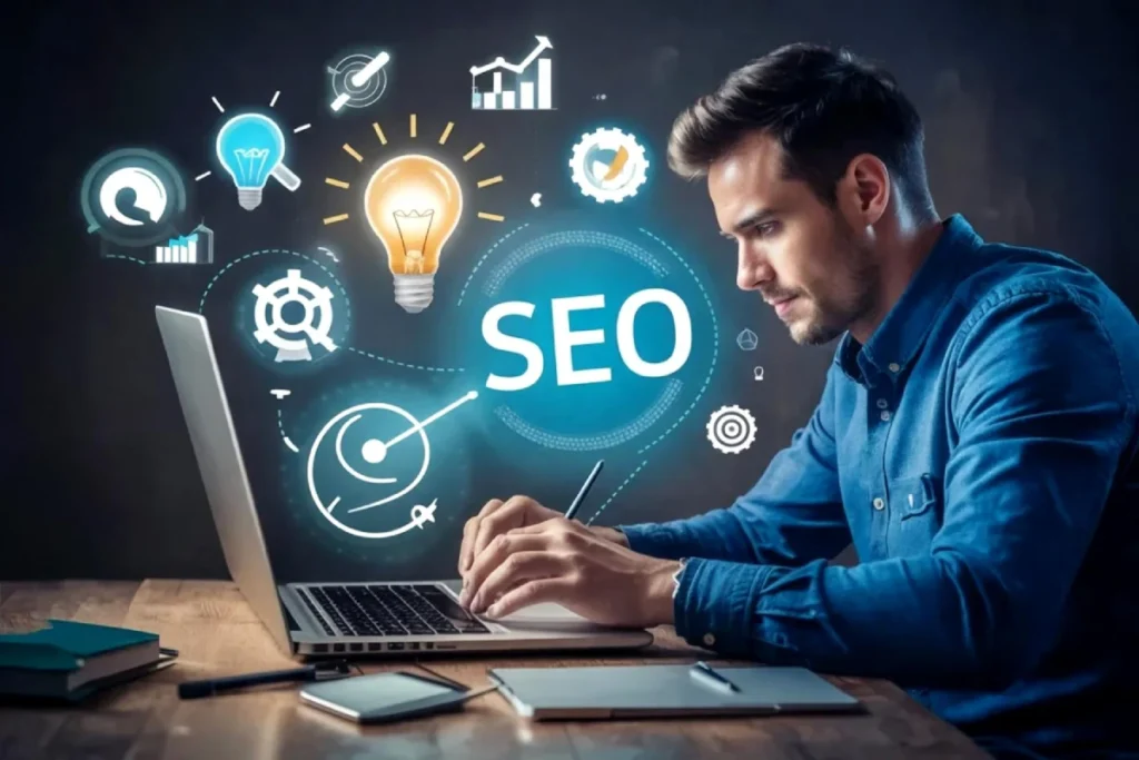 SEO strategy focused on qualified organic traffic; SEO content and search intent analysis dashboard; SEO performance review with digital marketing data
